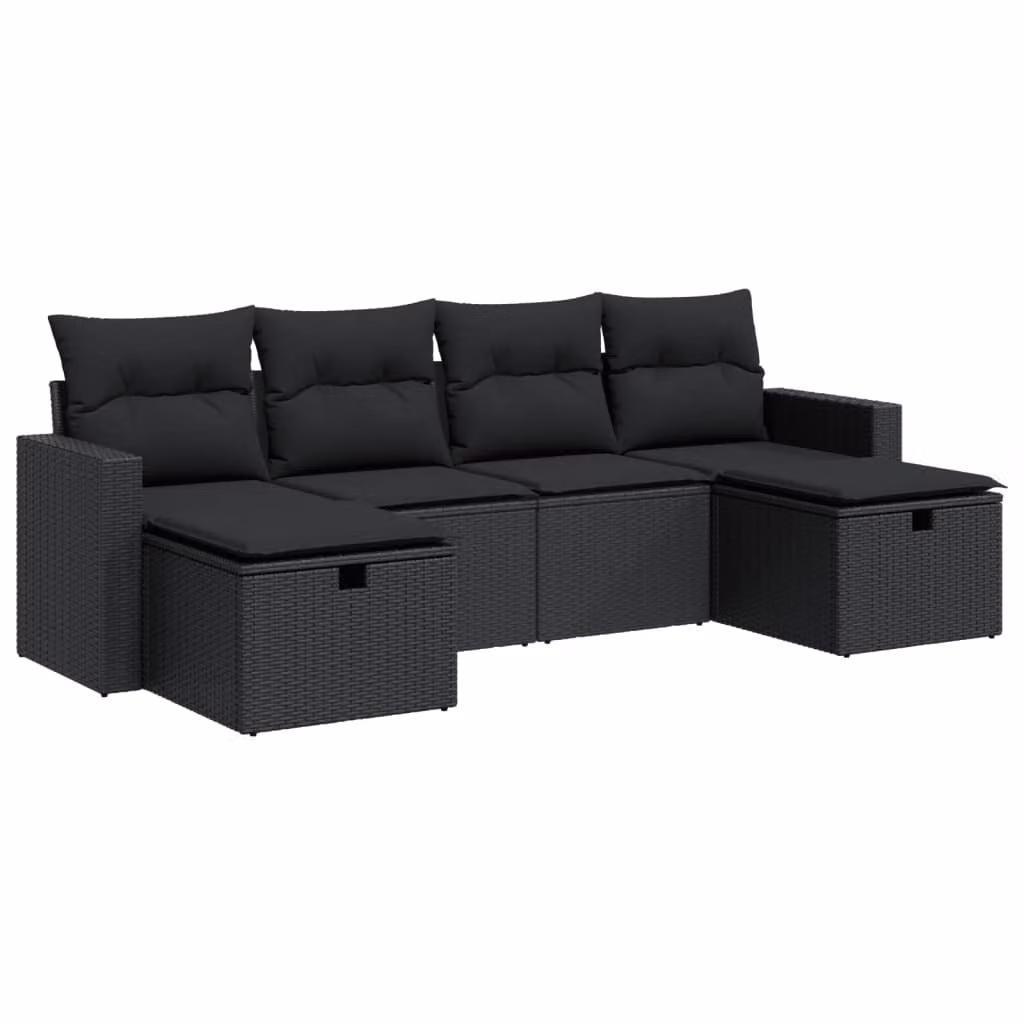 Set Divano da Giardino 6 pz con Cuscini Nero in Polyrattan