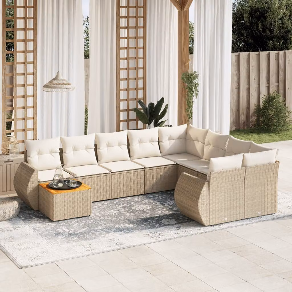 Set Divano da Giardino vidaXL 10 pz in Polyrattan con Cuscini Beige e Tavolino da Esterno a Forma di U