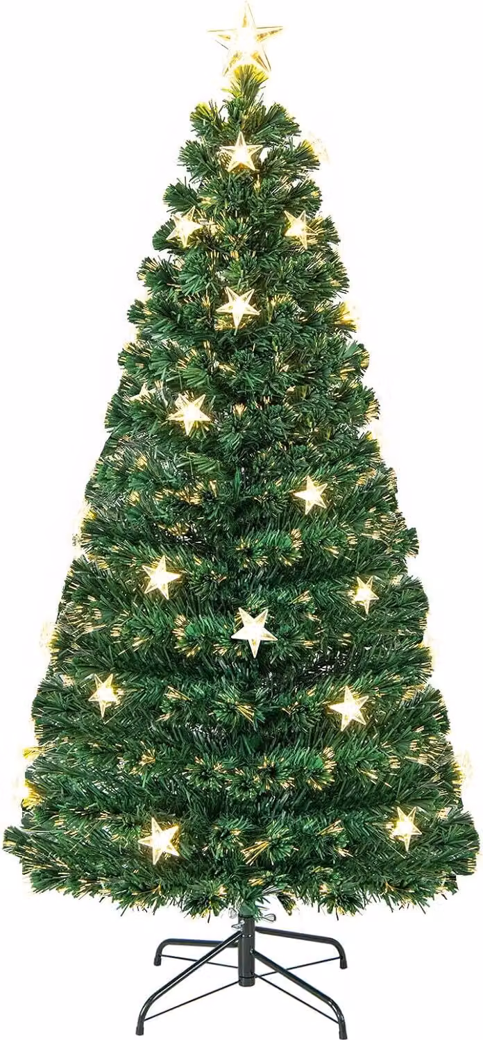 Albero di Natale artificiale COSTWAY, 150 cm, con illuminazione. Albero di abete con 8 modalità di illuminazione, 21 luci a LED bianco caldo e fibra ottica. Albero di Natale artificiale per la casa