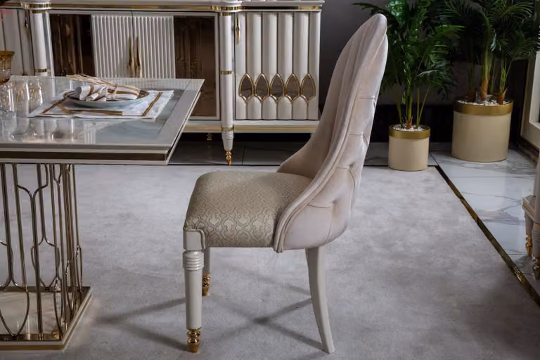 Stuhl Beige Esszimmer Modern Stühle Polster Stoff Design Luxus Metall