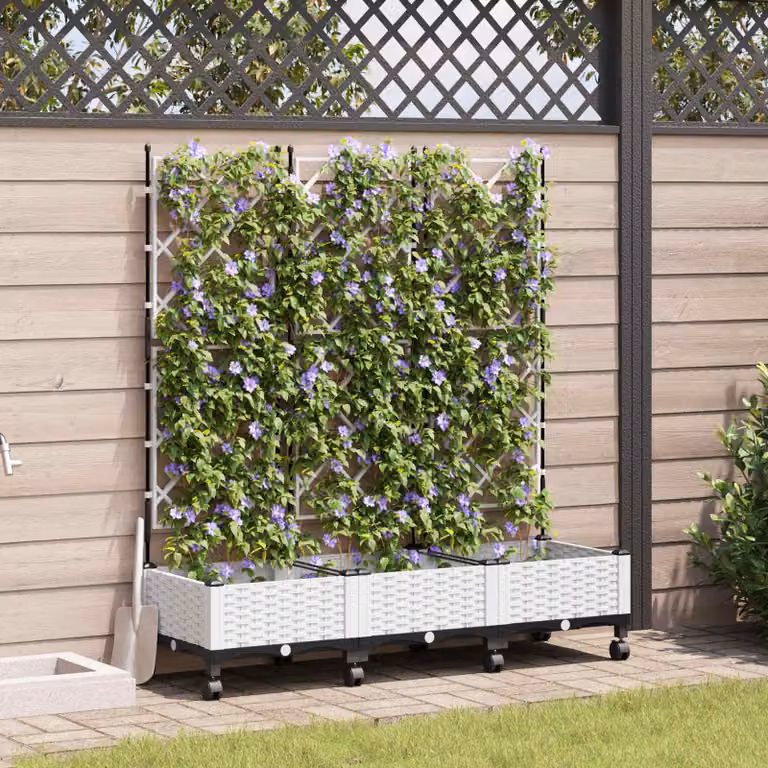 Set di 3 vasi da giardino con grigliato e ruote vidaXL in plastica bianca