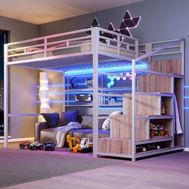 Letto a Soppalco con LED e Armadio ¨C MINIMAL ¨C Bianco 140x200