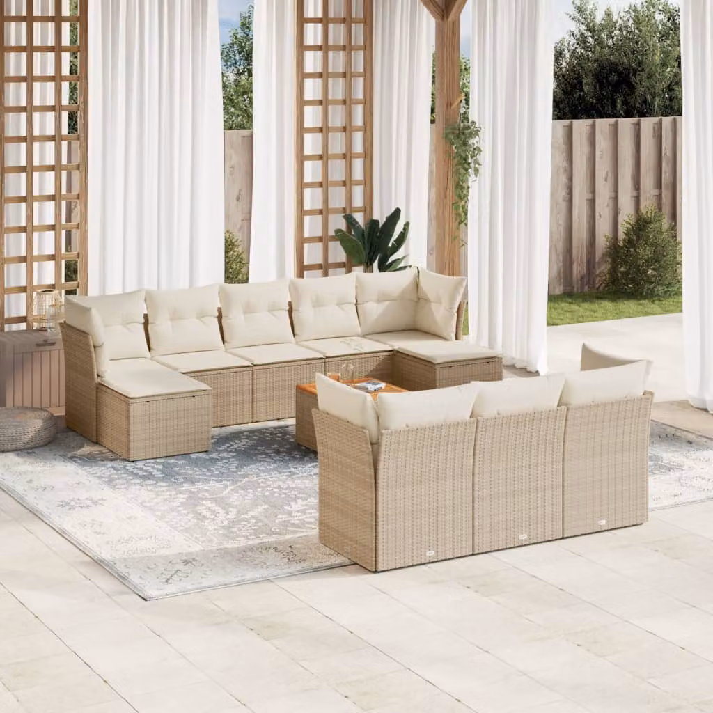 Set di divani da giardino vidaXL 11 pz in polyrattan con cuscini beige e tavolino da esterno – 1