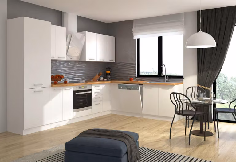 Cucina ad angolo Eko White 310x230 cm, bianca; linea cucina; blocco cucina; cucina componibile