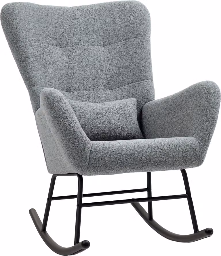 Fortuna Lai Sedia a dondolo, poltrona a dondolo con rivestimento in tessuto peluche, braccioli, poltrona da allattamento con pattini in legno, cuscino lombare, poltrona relax con tasca laterale per soggiorno, camera da letto, grigio