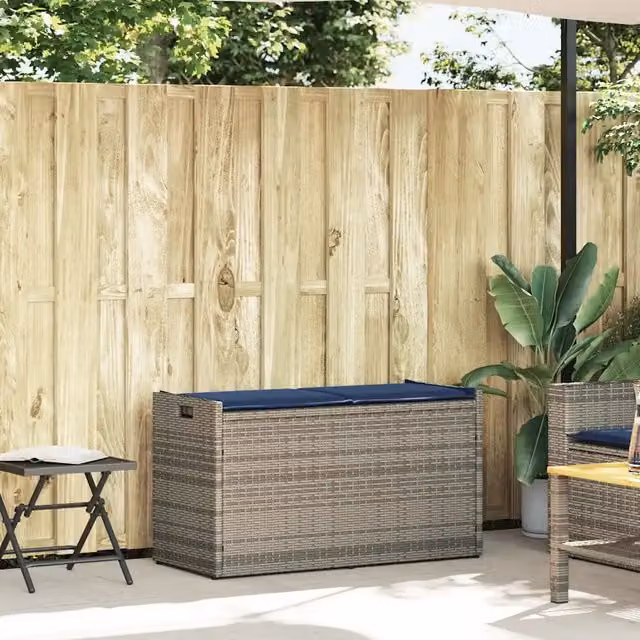 Cassapanca da esterno vidaXL in polyrattan con cuscini grigi e blu, L: 100 cm, P: 57 cm, H: 45 cm