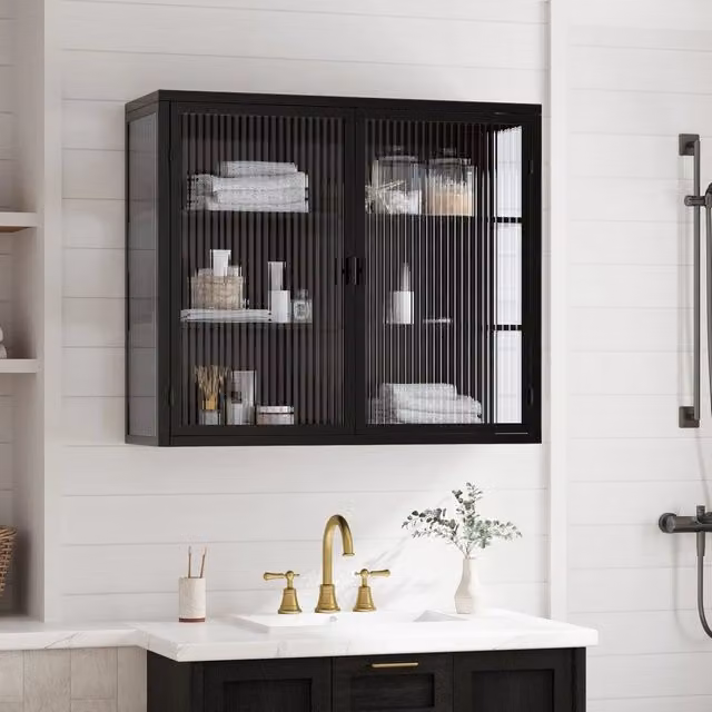Mobile da ingresso a muro Minimal bianco e nero con ante in vetro trasparente e ripiani interni