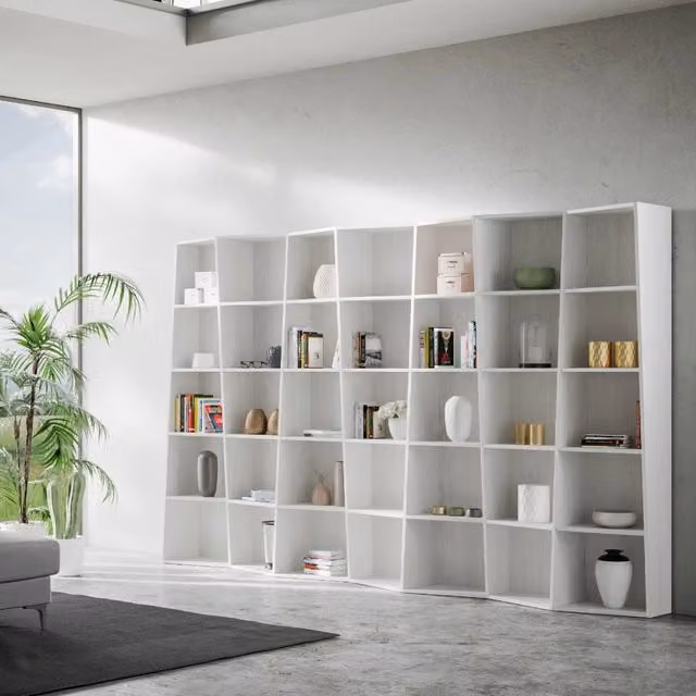 Libreria Moderna Trek GIORDANOSHOP con 5 Ripiani e 7 Elementi, Colore Bianco Frassino, L/P/H: 200 x 35 x 317 cm