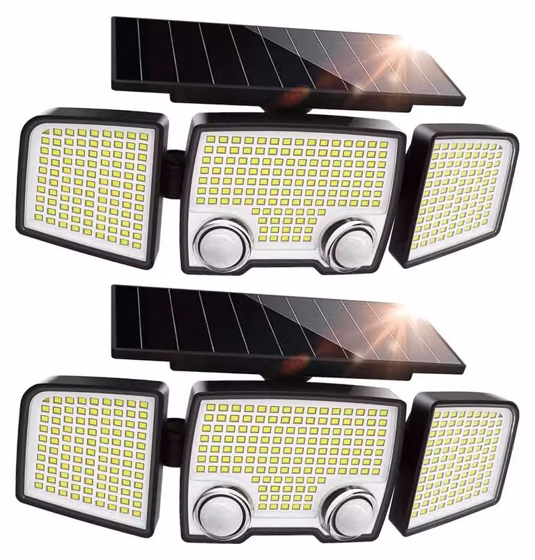 Set di 2 lampade solari, 3 luci per lampada, LED, sensore di movimento, colore nero