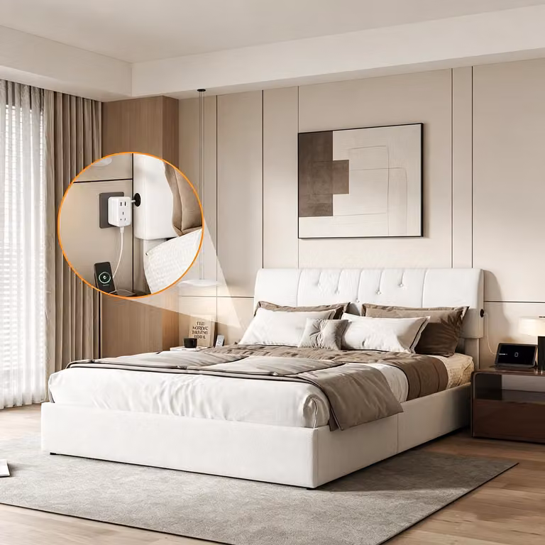 Letto imbottito INONEFT 140x200 con spazio contenitore, letto a molle con USB e poggiatesta regolabile, letto con sistema di sollevamento idraulico e spazio contenitore, rivestito in morbida microfibra tipo "teddy", colore bianco.