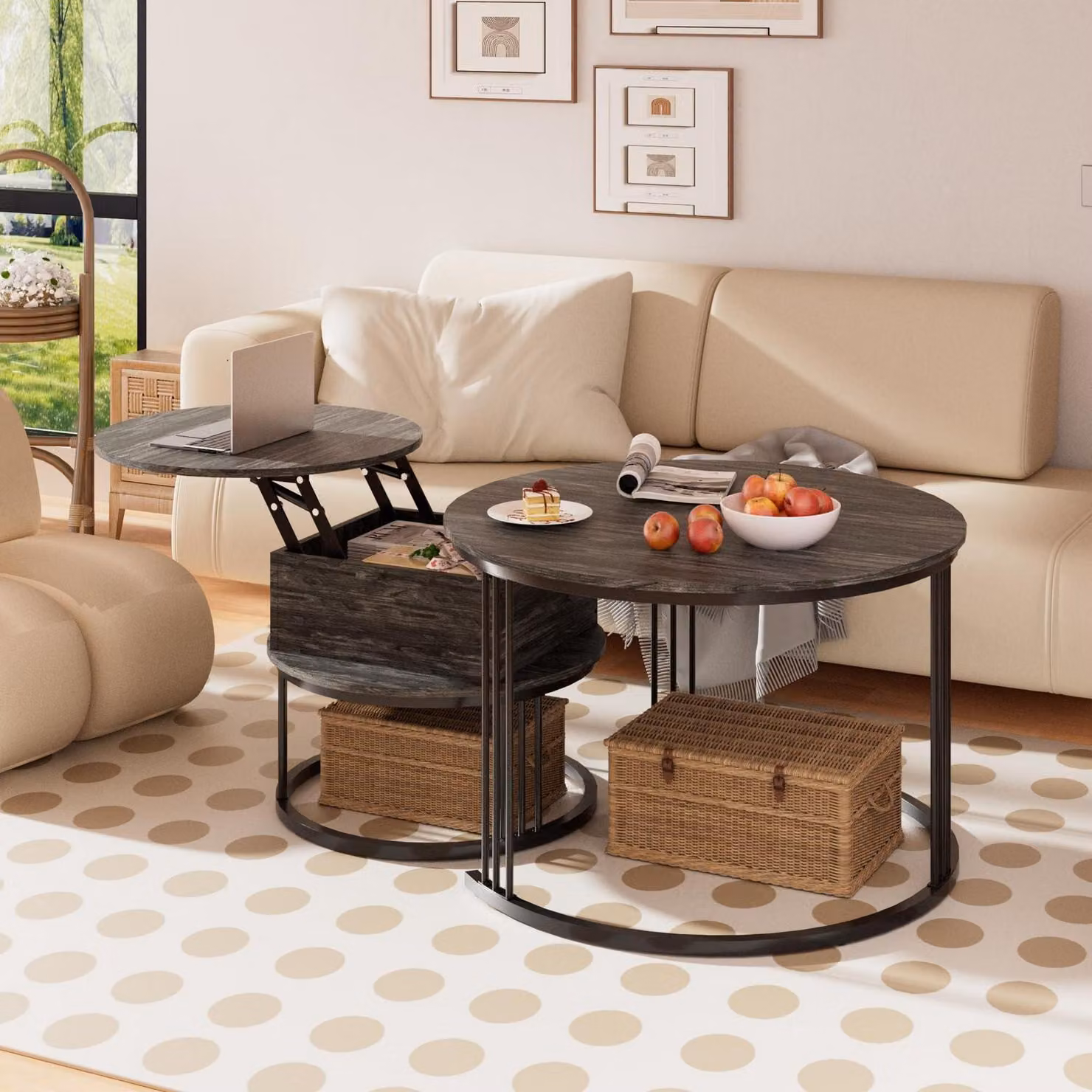 Set di tavolini rotondi impilabili, con altezza regolabile, color antracite