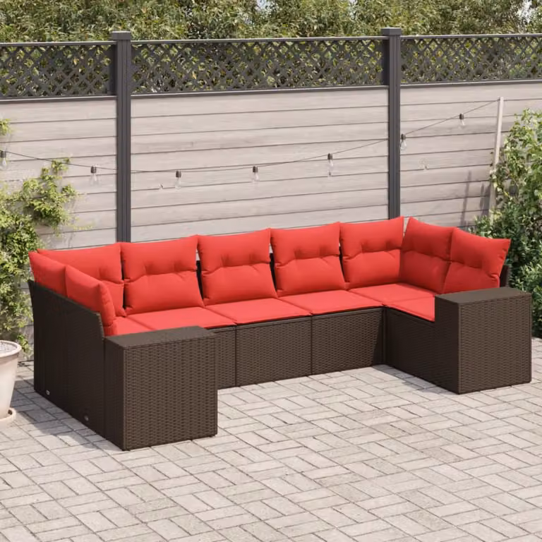 Set di divani da giardino vidaXL 7 pezzi in polyrattan marrone con cuscini imbottiti e coperture rimovibili
