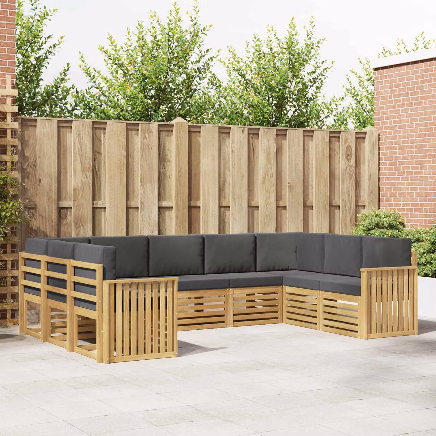 Set di divani da giardino a L vidaXL in legno di acacia massello con cuscini marroni e grigi