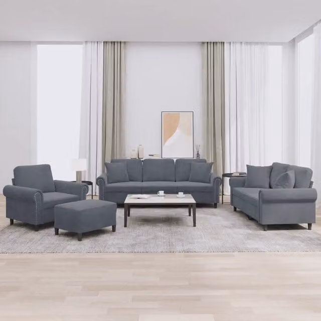 Set di divani moderno vidaXL in velluto grigio composto da divano a 3 posti, divano a 2 posti, pouf e cuscini decorativi – 1