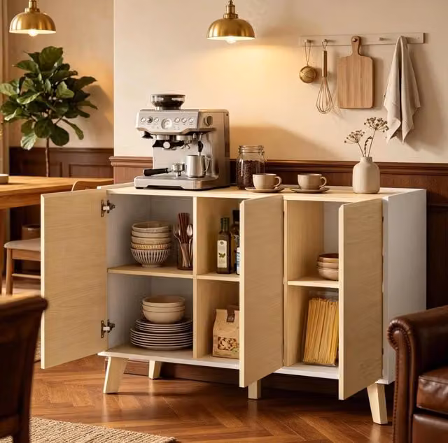 Credenza nordica 120 cm a 3 ante con 6 vani, finitura naturale e bianca