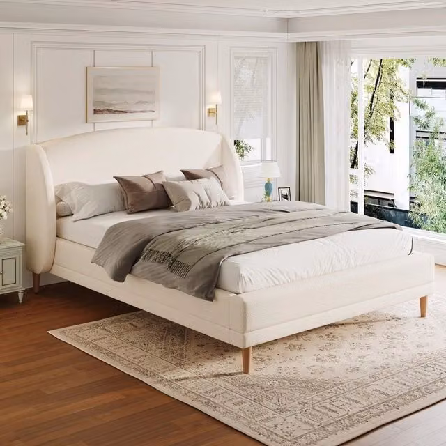 Letto Imbottito Boucl¨¦ con Testiera a Orecchie ¨C MINIMAL ¨C Bianco Avorio, 140x190, Doghe