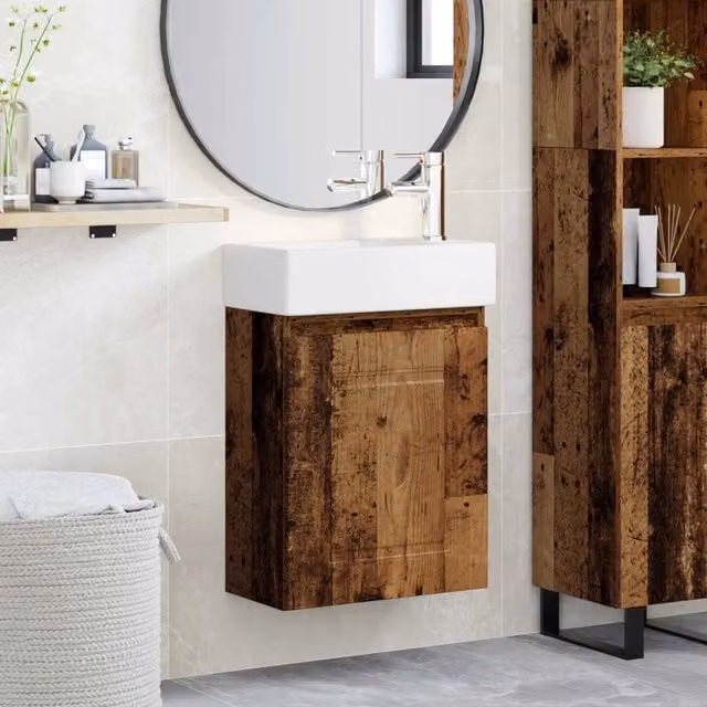 Mobile bagno moderno vidaXL in legno con rubinetto, colore bianco e marrone, L: 45,5 cm, P: 22,5 cm, H: 84 cm – 1
