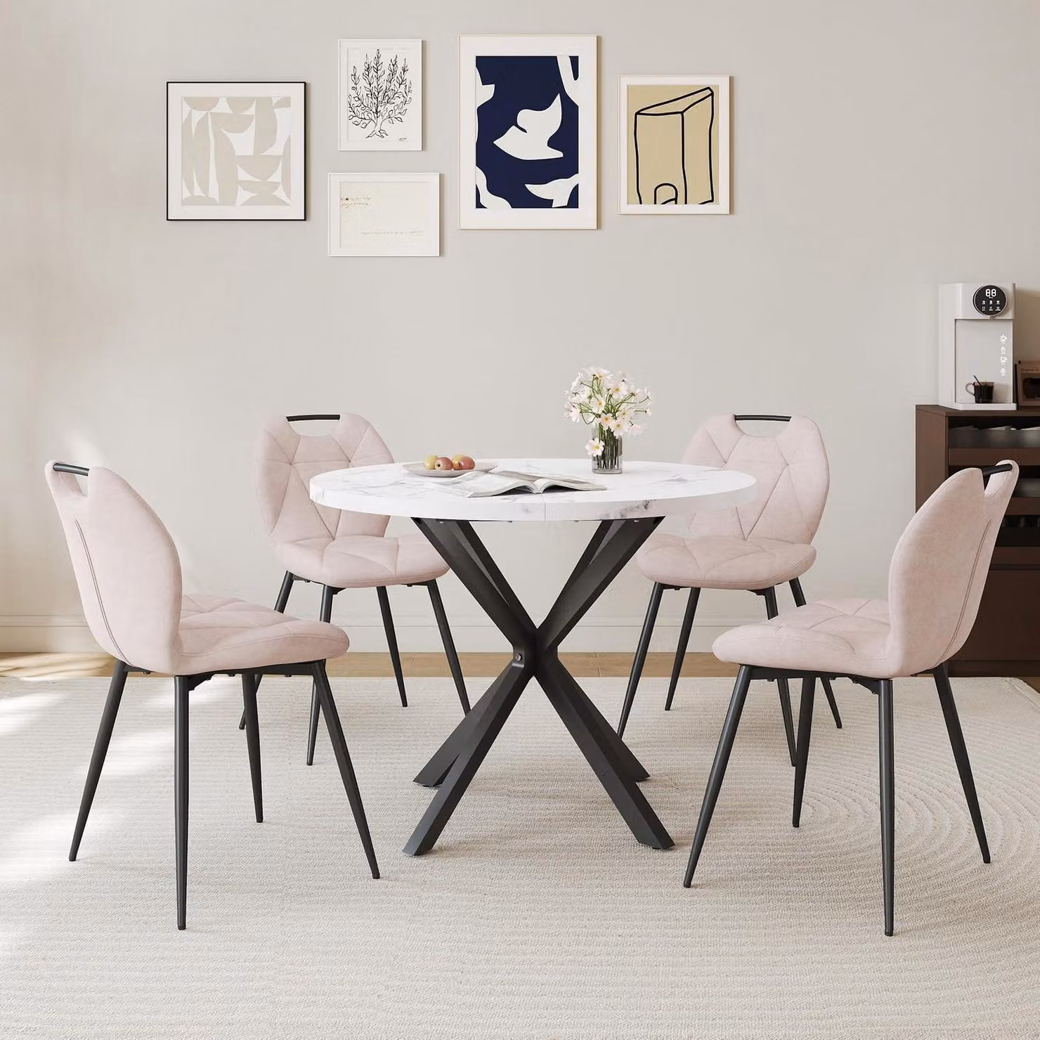 Set tavolo da pranzo rotondo con 4 sedie imbottite, stile nordico, motivo marmorizzato, colore beige, diametro 100 cm