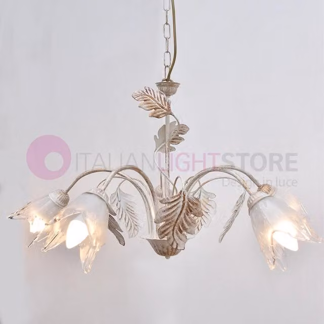 Lampadario SYBILLA IRIS LUCE in metallo e vetro con 5 luci, stile rustico floreale, regolabile in altezza, disponibile in bianco, marrone o oro/ottone