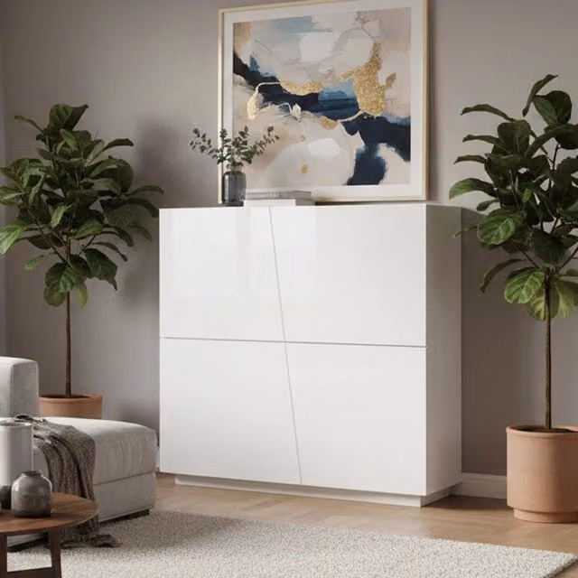 Credenza moderna Abbabbau DMORA con 4 ante e scaffali, Bianco lucido, L: 120 cm, P: 43 cm, H: 126 cm