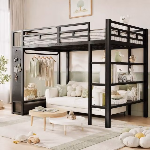 Letto a soppalco 140x200 cm con armadio aperto; 2 cassetti; LED e pannello forato; nero