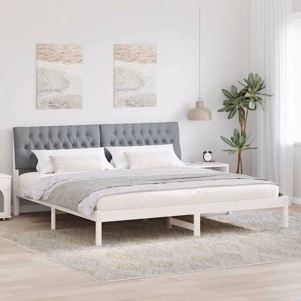 Letto moderno vidaXL con testiera rivestita in tessuto e struttura in legno di pino Bianco 200 x 200 cm – 1