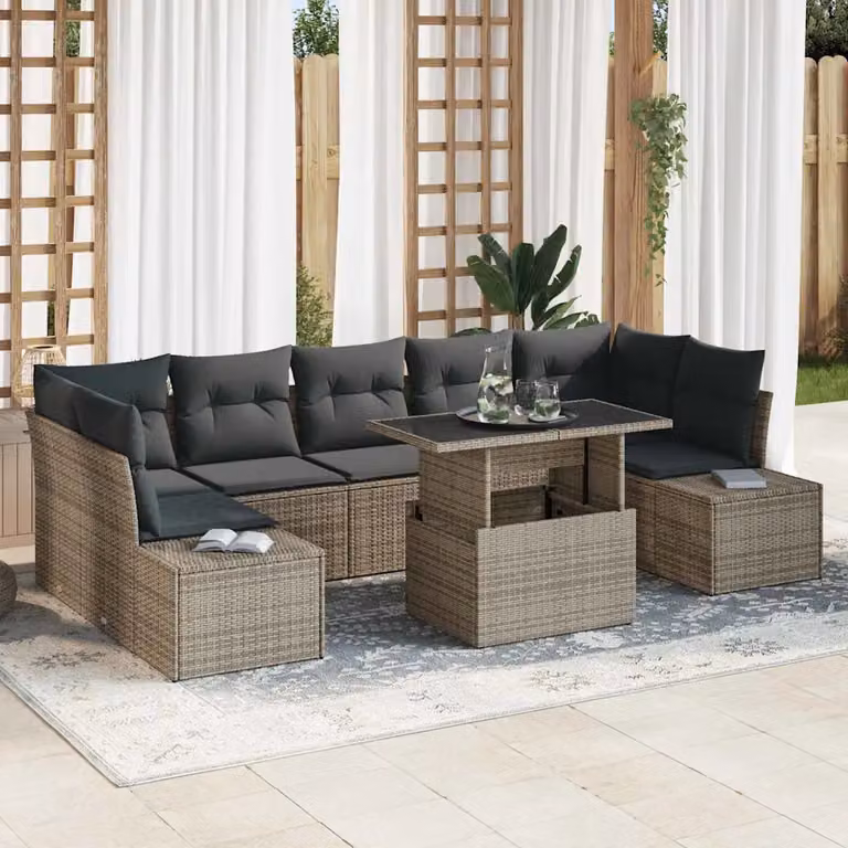Set Divano da Giardino vidaXL 8 Pezzi Grigio con Cuscini e Tavolino da Esterno in Metallo e Tessuto Resistente ai Raggi UV