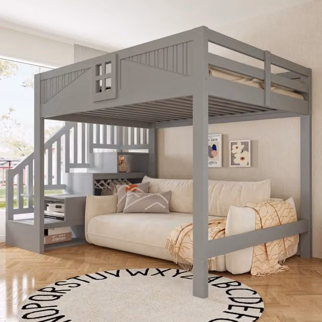 Letto a soppalco REDOM in legno grigio con scala a gradini e scomparti laterali L/P/H: 140 x 200 cm