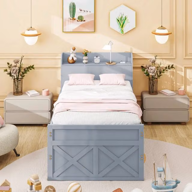 letto in legno massello grigio 90 x 190 cm