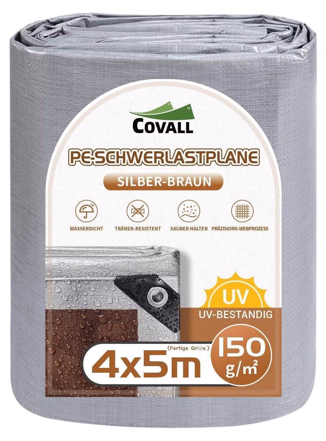 Telo protettivo 4x5 metri, impermeabile, 150g/m², in polietilene (PE), con occhielli, stabilizzato contro i raggi UV, resistente allo strappo, colore argento/marrone