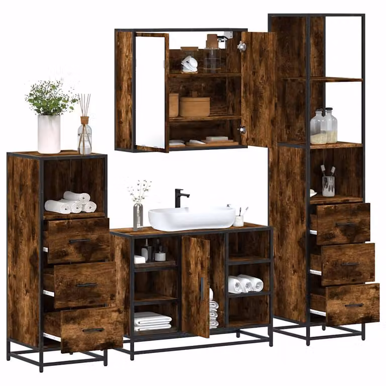 Set di mobili da bagno industrial vidaXL in legno e metallo marrone, composto da armadietto con specchio, mobile lavabo, mobile laterale e colonna alta