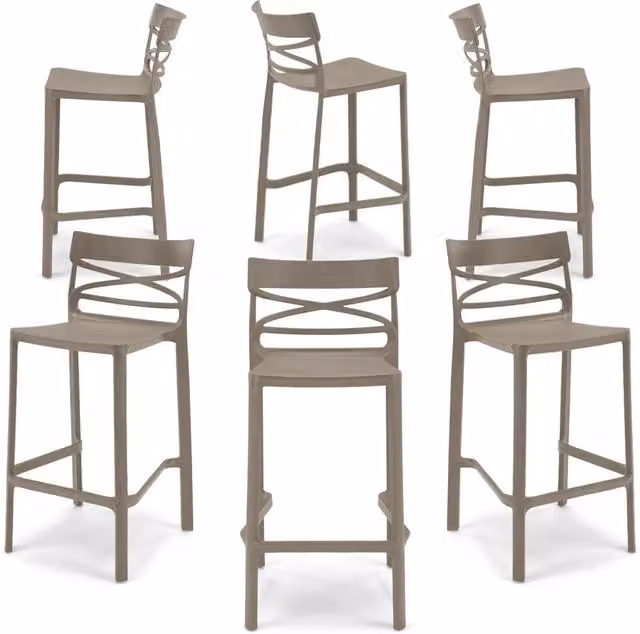 Set 6 sgabelli in polipropilene FLOW altezza seduta 65cm, impilabile, idrorepellente, resistente ai raggi UV, design moderno e innovativo, ideale per la cucina, la veranda o giardino colore Tortora