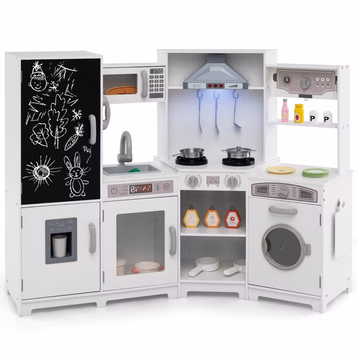 Cucina giocattolo angolare in legno Costway con luci, cappa e accessori, Set da gioco per bambini dai 3 anni in bianco