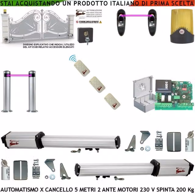 Apricancello 5 Metri 2 Ante da 2,5 MT Kit Motori Elettromeccanici 230 V Sblocco Corsa 300 mm Spinta 2 Q.tali Staffe 2 Coppie Fotocellule 2 Paline 3 Radiocomandi Selettore 2 Ck.i Faro Cartello Monitore