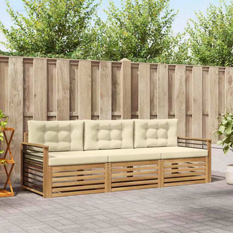 Set di divani da esterno da 3 posti vidaXL in legno di acacia con cuscini Bianco e Beige