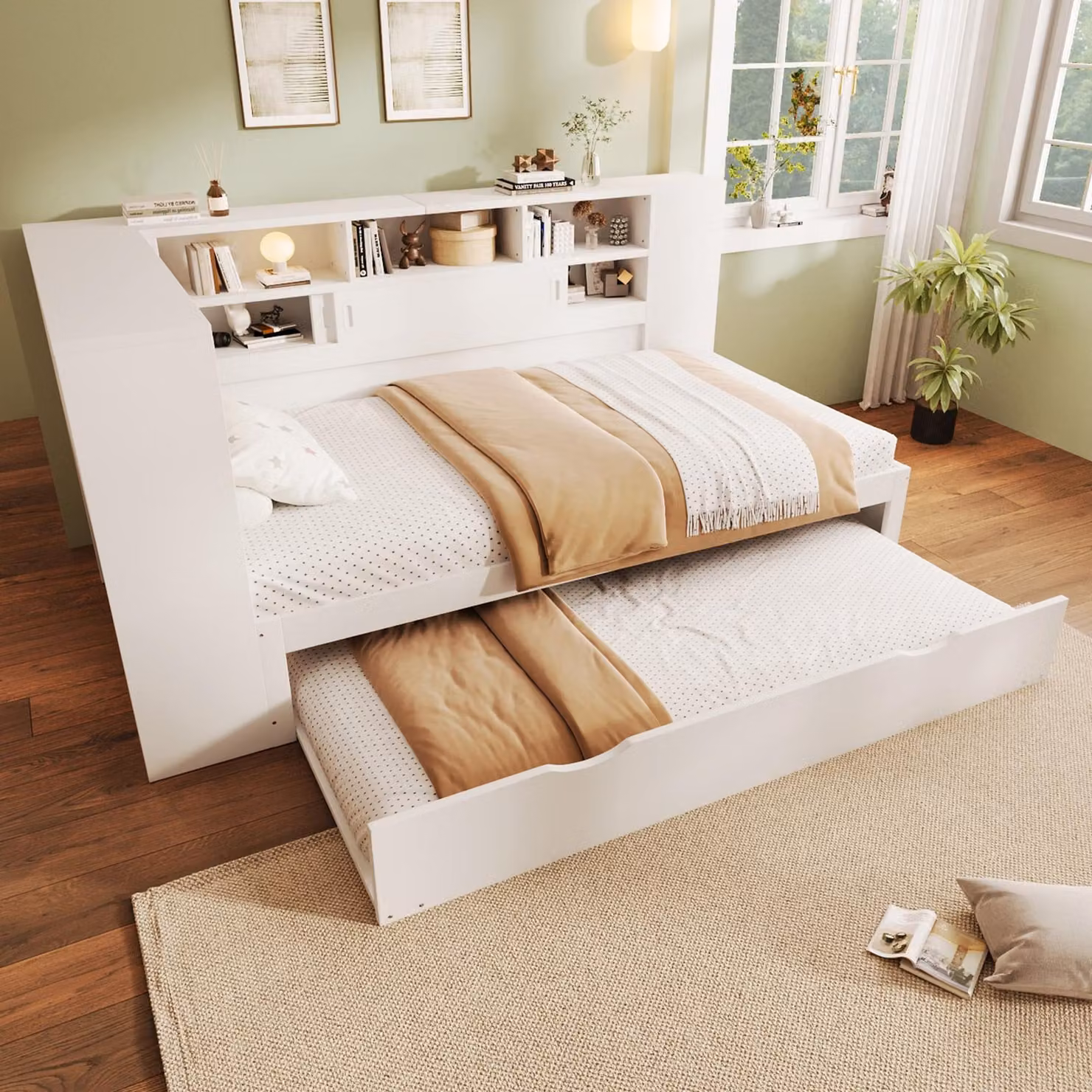 okwish Divano letto 90x200 cm con letto estraibile 90x190 cm e griglia a doghe, letto da giorno per ospiti, letto per bambini con USB (senza materasso) - bianco