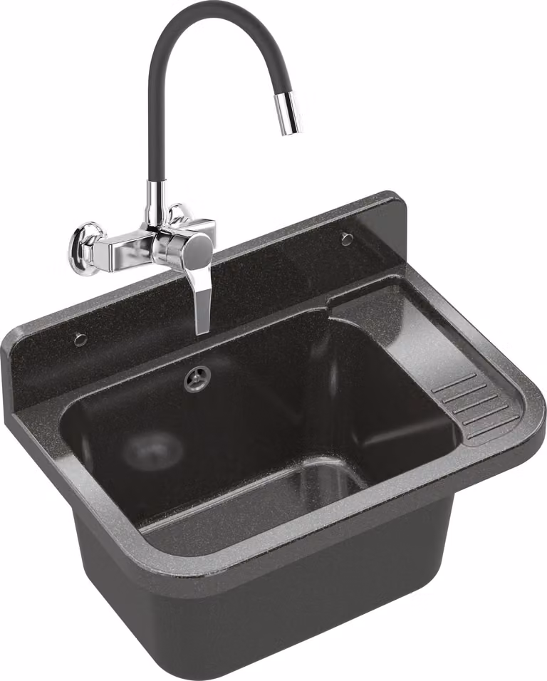 Granitan - Lavatoio - Lavandino 50x34 cm - Lavello nero - con miscelatore FLEX e sifone - PARON