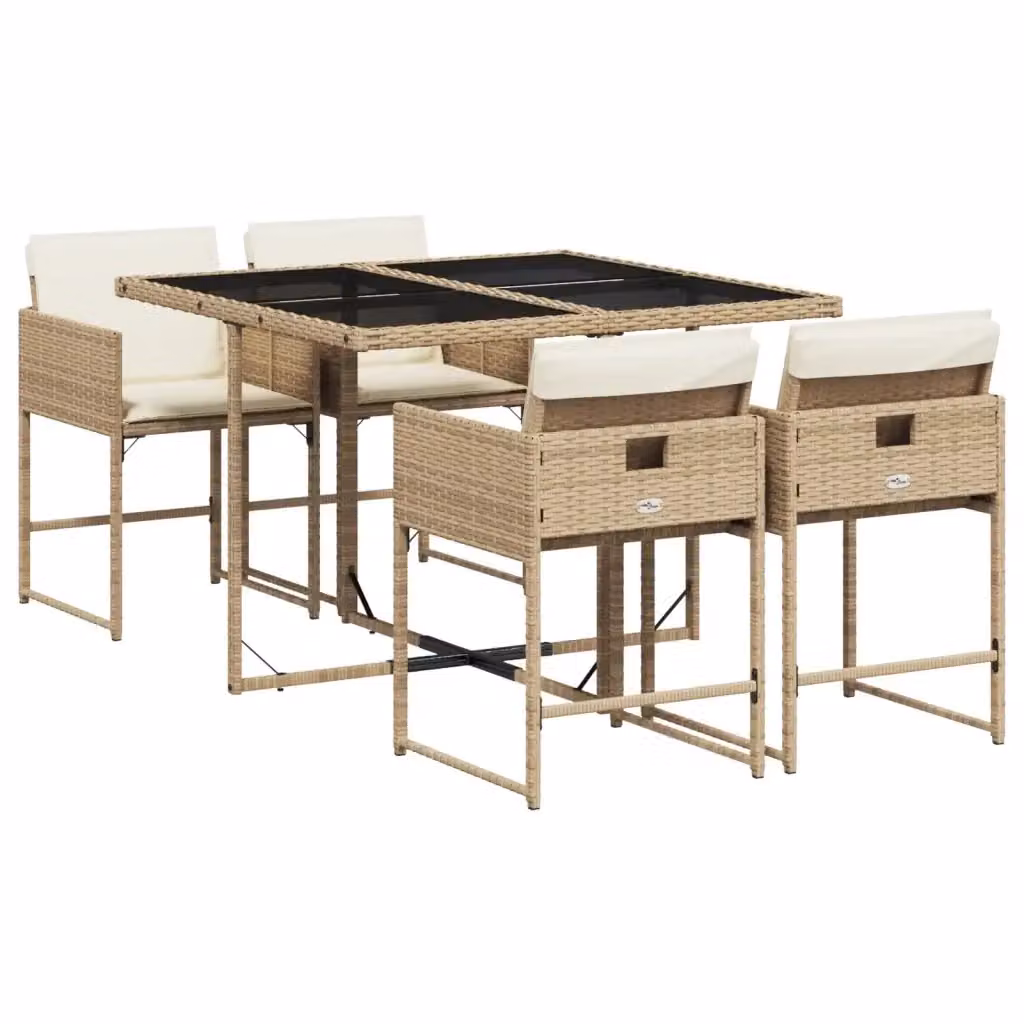 vidaXL Set da Pranzo da Giardino 5 pz in Polyrattan con Cuscini Beige e Tavolo in Vetro – 2