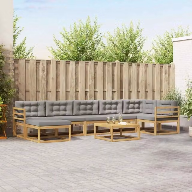 Set di divani da esterno a L vidaXL in legno di acacia con pouf e tavolino, Bianco e Grigio