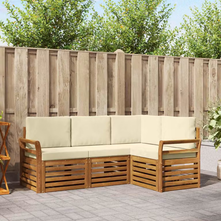 Set di divani da esterno vidaXL 4 pz in legno di acacia con cuscini beige e bianco design moderno a L per giardino e terrazza