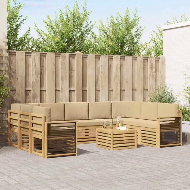 Set di divani da esterno a L con tavolino vidaXL in legno di acacia, colore bianco e beige, composto da 10 pezzi con cuscini inclusi – 1