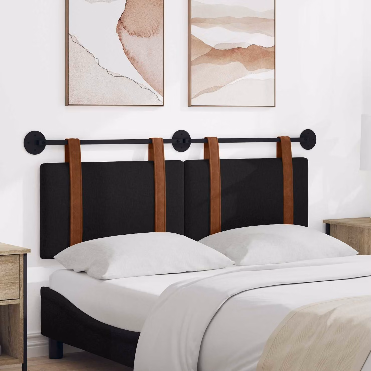 Testiera per letto sospesa vidaXL in similpelle nera con pannello imbottito e struttura in legno e metallo L: 150 cm, H: 55 cm, P: 5 cm