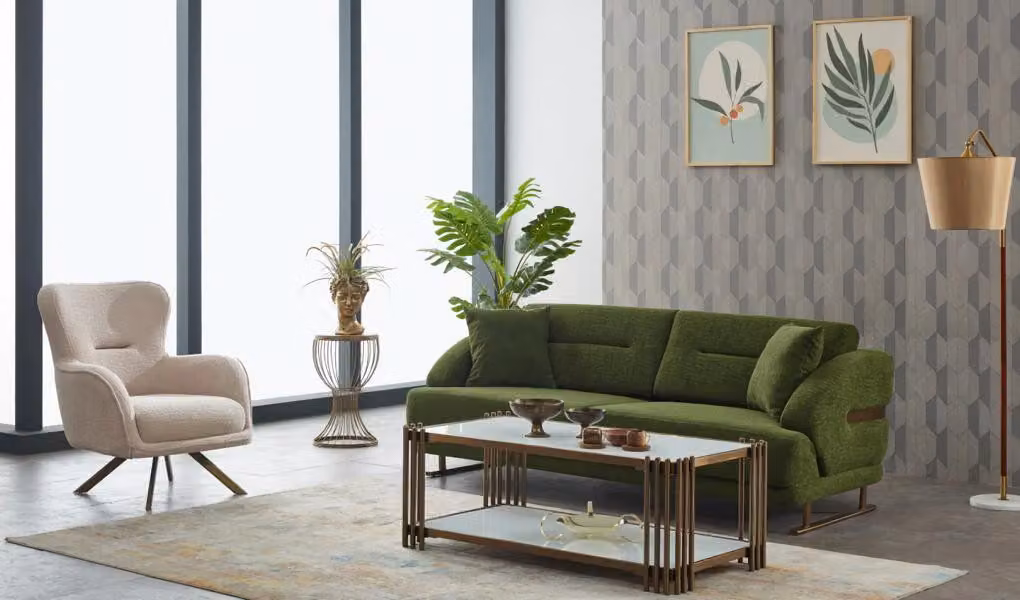 Polstersofa Couchgarnitur Dreisitzer Sessel Grün Couch Stoffsofa 2tlg