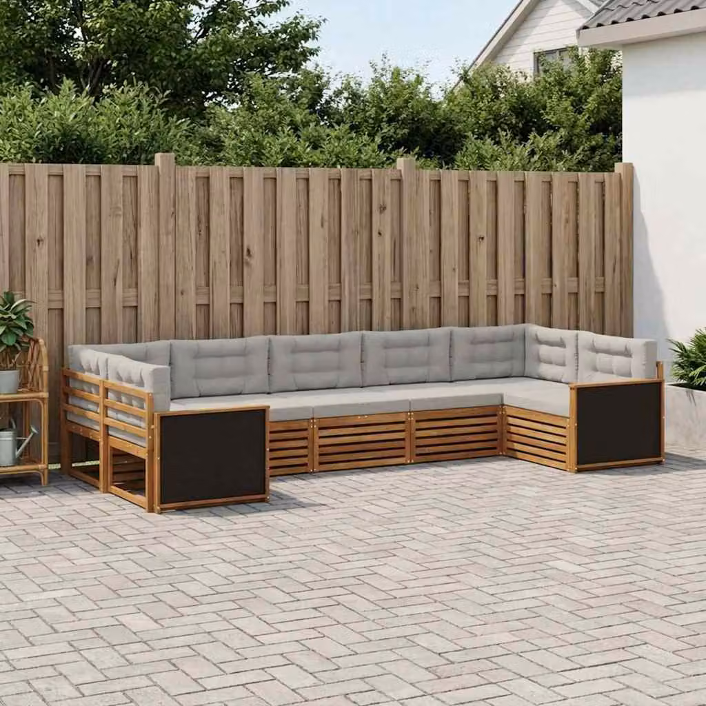 Set di divani da esterno vidaXL a forma di U composto da 7 pezzi in legno di acacia con cuscini, colori beige, grigio e marrone