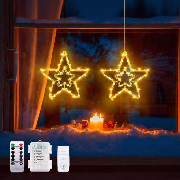 Catena luminosa a forma di stelle, set da 2, 40 LED, luce bianco caldo, con telecomando, timer