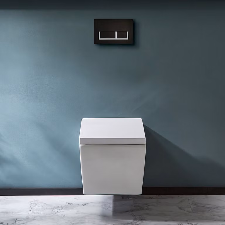 Sanitario WC Sospeso con Telaio Alto - Placca di Comando Rettangolare Bianca/Cromata - Halwell