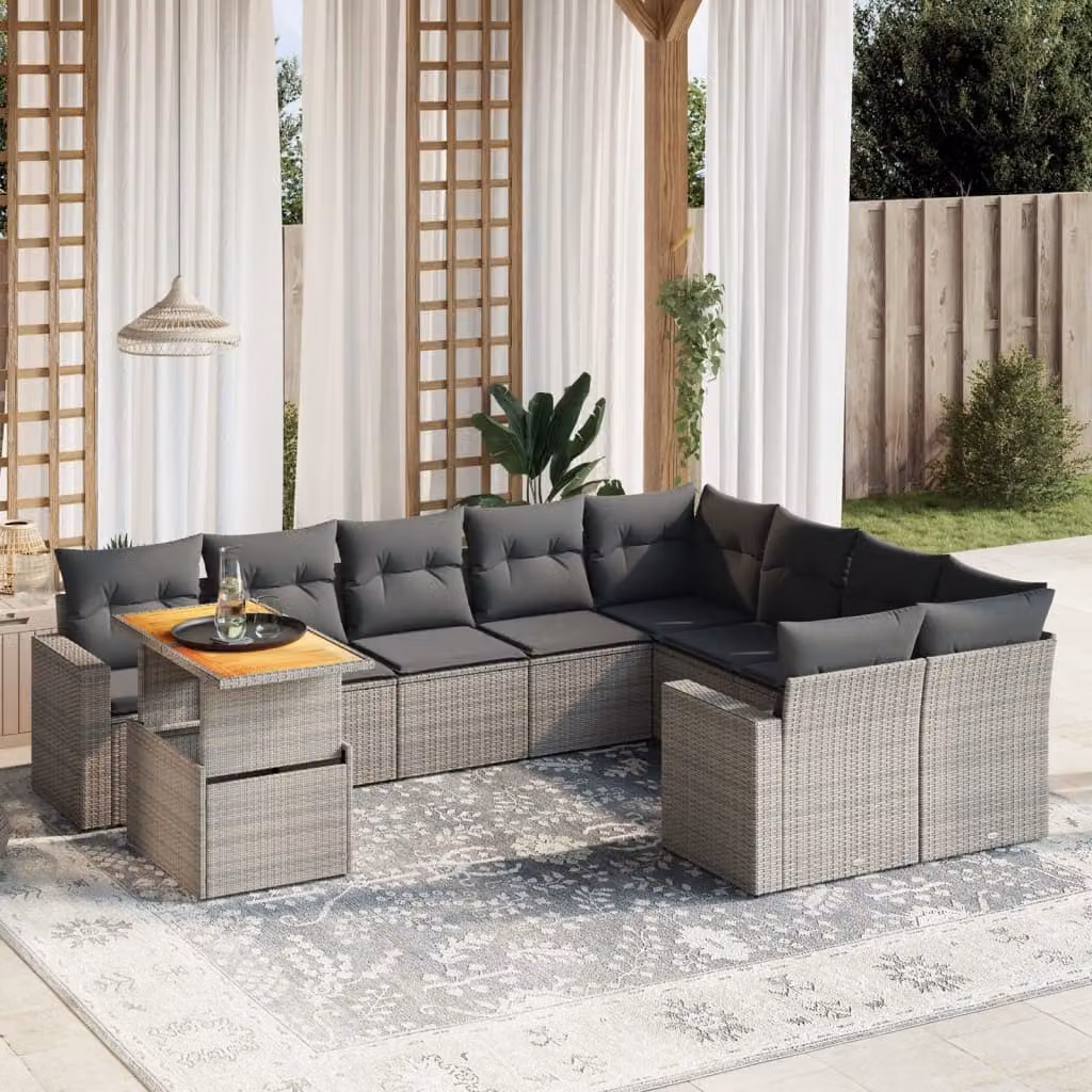 vidaXL Set Divano da Giardino 10 pz in Polyrattan Grigio con Cuscini e Tavolino da Esterno a Forma di L – 1