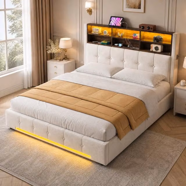Letto contenitore ULEVR 160x200 cm in velluto beige con testiera a 6 vani, USB-C, LED e sollevamento idraulico