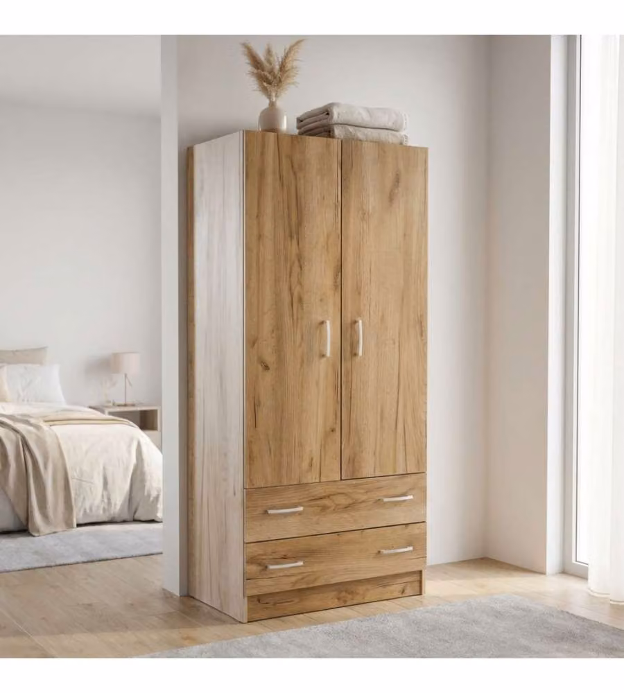 Armadio Cosma con 2 Ante e 2 Cassetti Interni in Olmo Marrone Moderno L: 80 cm, P: 52 cm, H: 180 cm