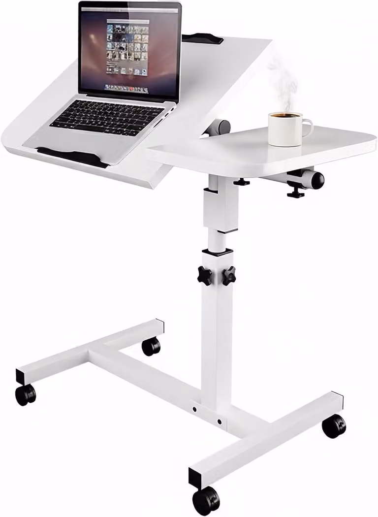 Tavolino mobile per letto, regolabile in altezza da 60 a 90 cm, con rotelle, piano inclinabile, ideale per l'uso con laptop